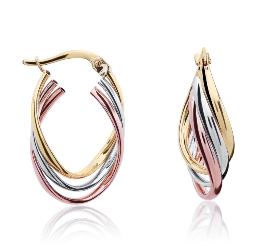 9ct Three Colour Gold 3 Row Wavy Oval Hoop Earrings – 23x22x6mm