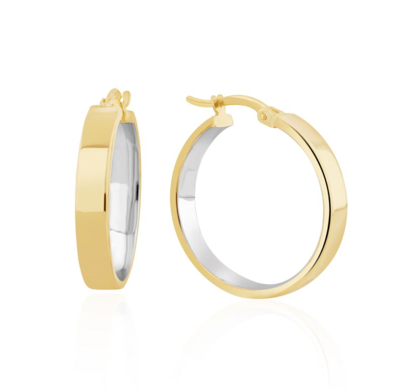 9CT Two Tone White & Yellow Gold Flat Hoop Earrings - 23x4mm