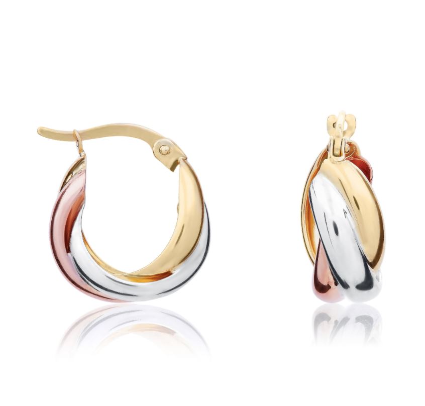 9ct Three Colour Gold Russian Wedding Ring Style Hoop Earrings – 15x6.5mm