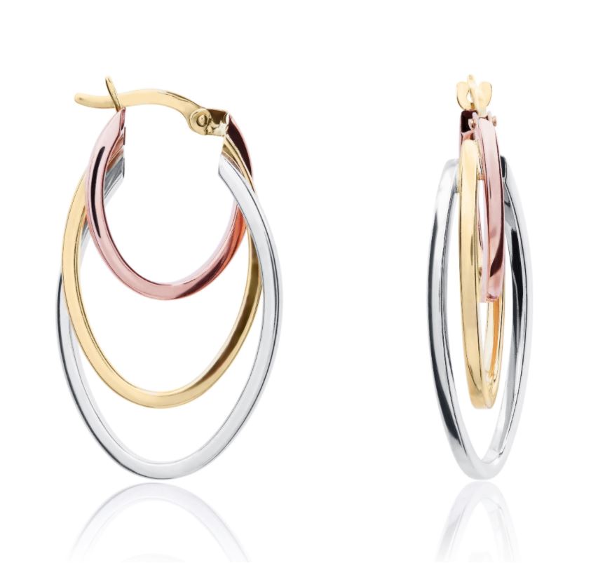 9ct Three Tone Yellow, White And Rose Gold Triple Polished Oval Hoop Earrings – 30x17mm