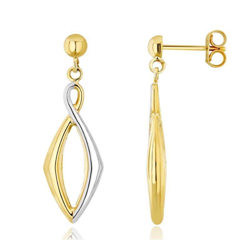 9ct Two Tone White and Yellow Gold Elongated Diamond Drop Earrings — 32x10mm