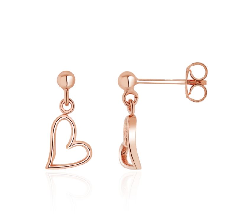 9ct Rose Gold Open Heart Drop Earrings with Ball Stud Tops — 16x8mm