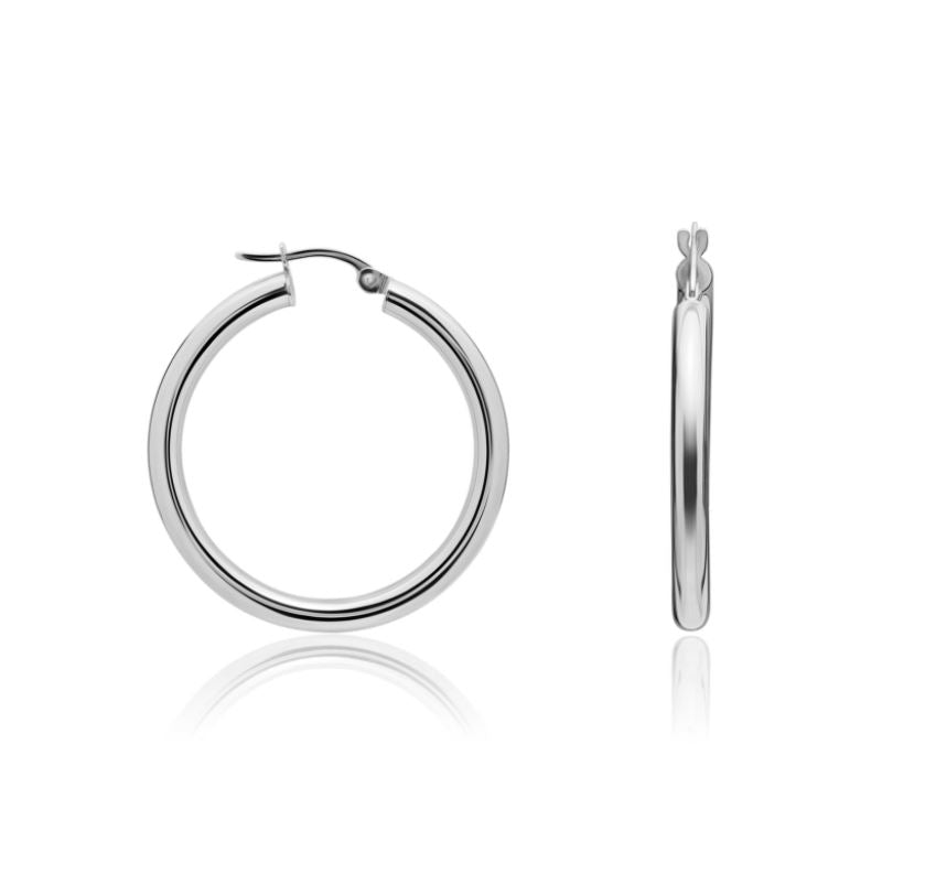 9ct White Gold Polished Tube Hoop Earrings – 26x3mm