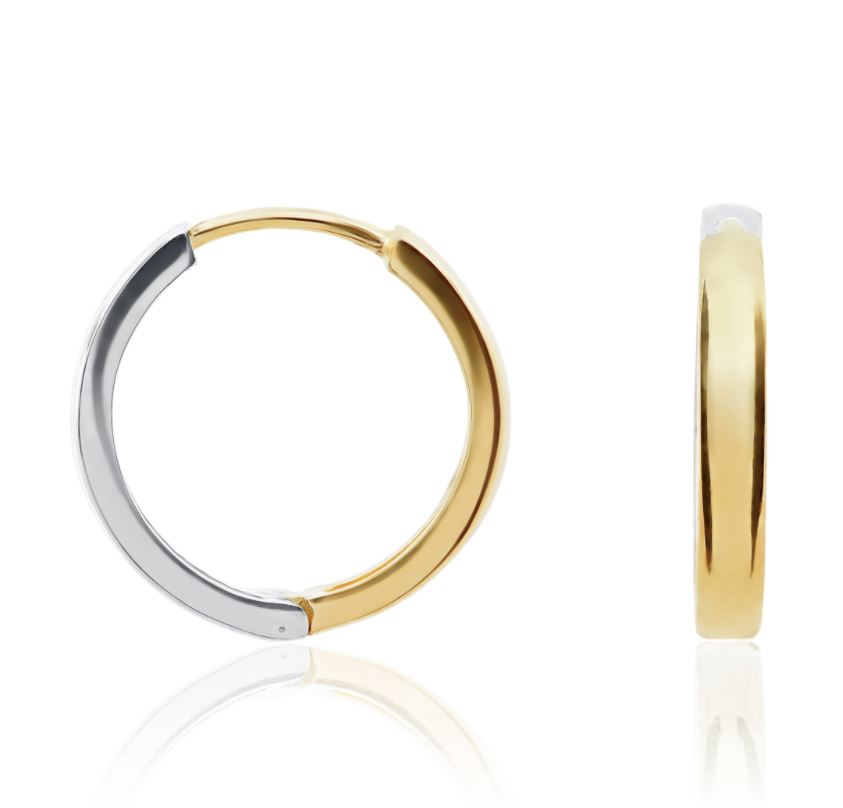 9ct Two Tone White and Yellow Gold Huggy Hoop Earrings — 15x3mm