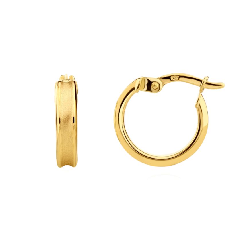 9ct Yellow Gold Satin Concave Hoop Earrings with Polished Edges – 13x3mm