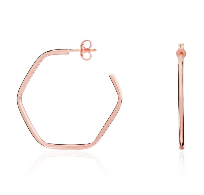 9ct Rose Gold Hexagon Shape Hoop Earrings with Peg & Scroll Fittings – 25x1.5mm