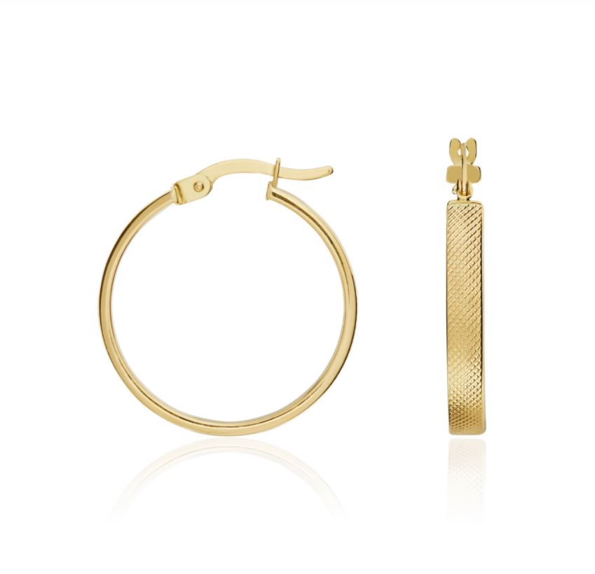 9ct Yellow Gold Stippled Flat Tube Round Hoop Earrings – 18x3mm