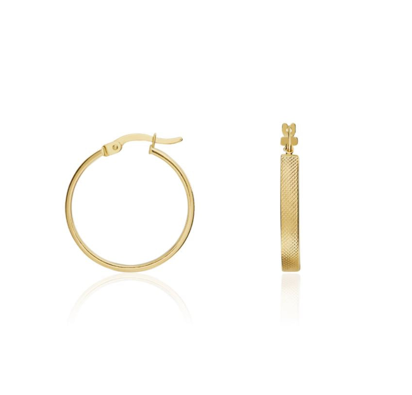 9ct Yellow Gold Stippled Square Tube Hoop Earrings – 13x3mm