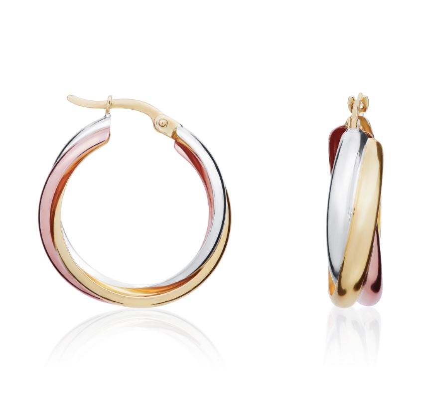 9ct Three Colour Gold Russian Wedding Ring Style Hoop Earrings – 22x6mm
