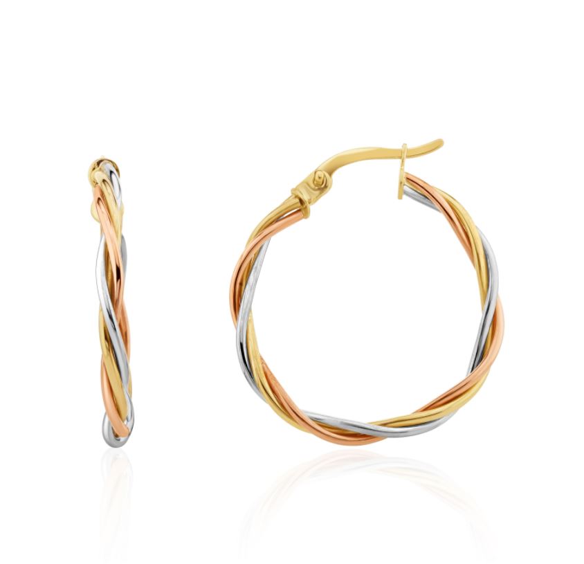 9CT Three Tone Yellow, White & Rose Gold Thin Wire Russian Hoop Earrings – 26x2.5mm