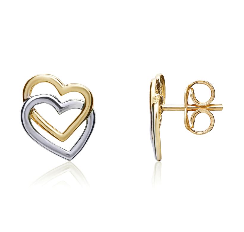 9ct Yellow and White Gold Double Open Heart Stud Earrings – 11mm x 9mm