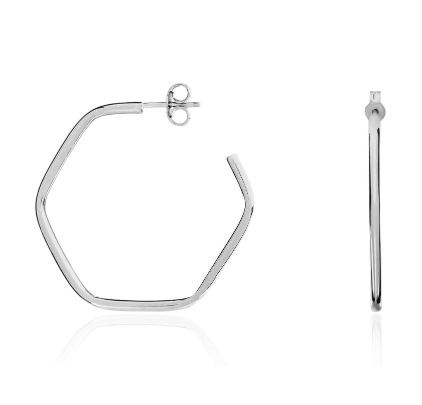 9ct White Gold Hexagon Shape Hoop Earrings with Peg & Scroll Fittings – 28x1.5mm