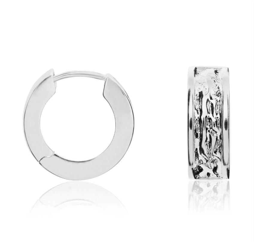 9ct White Gold Textured Finish Squared Round Huggie Earrings — 13.5x5mm