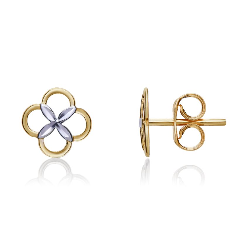 9ct Two Tone White and Yellow Gold Four Leaf Clover Stud Earrings — 8mm