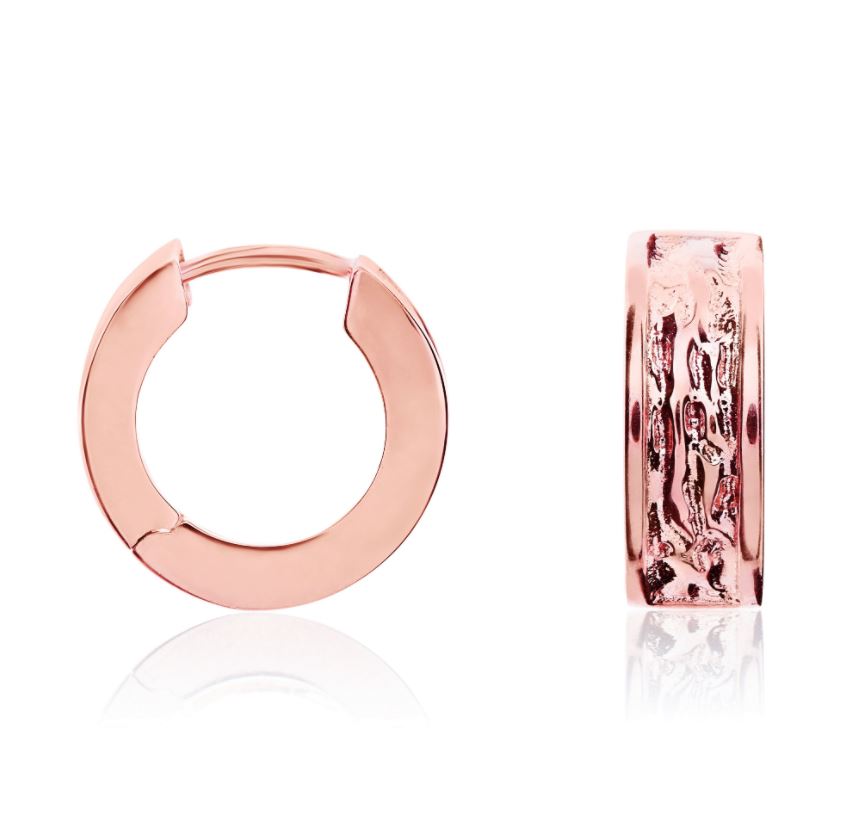 9ct Rose Gold Textured Squared Round Huggie Hoop Earrings – 14x5mm