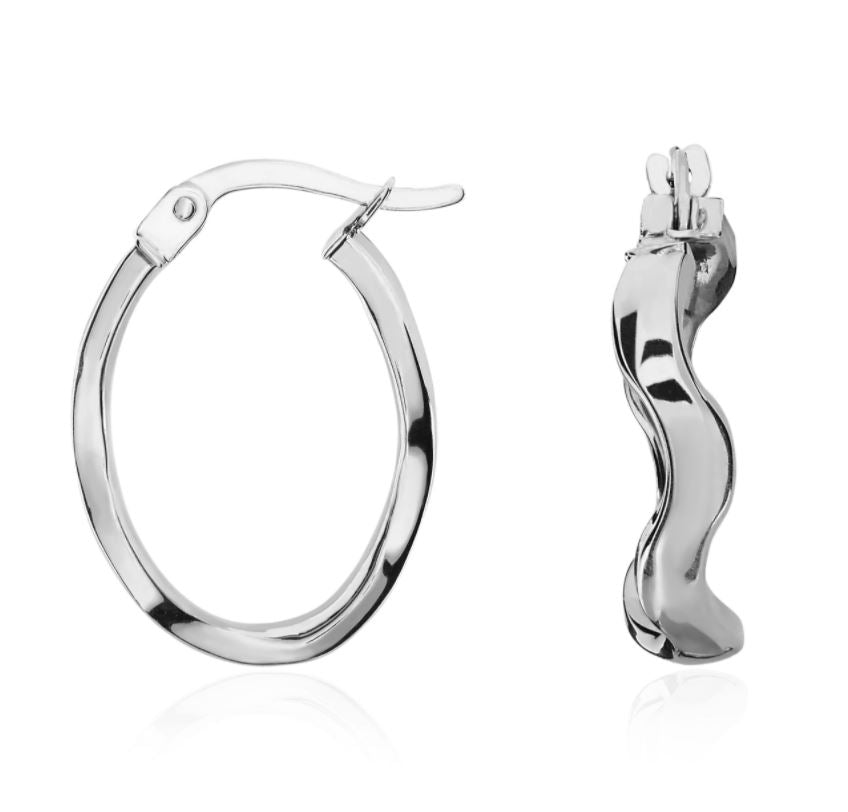 9ct White Gold Polished Wavy Oval Hoop Earrings – 18x15.5mm