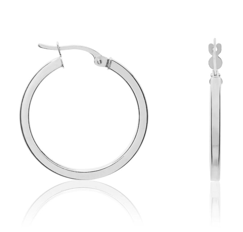 9ct White Gold Square Tube Round Hoop Earrings – 24x2mm