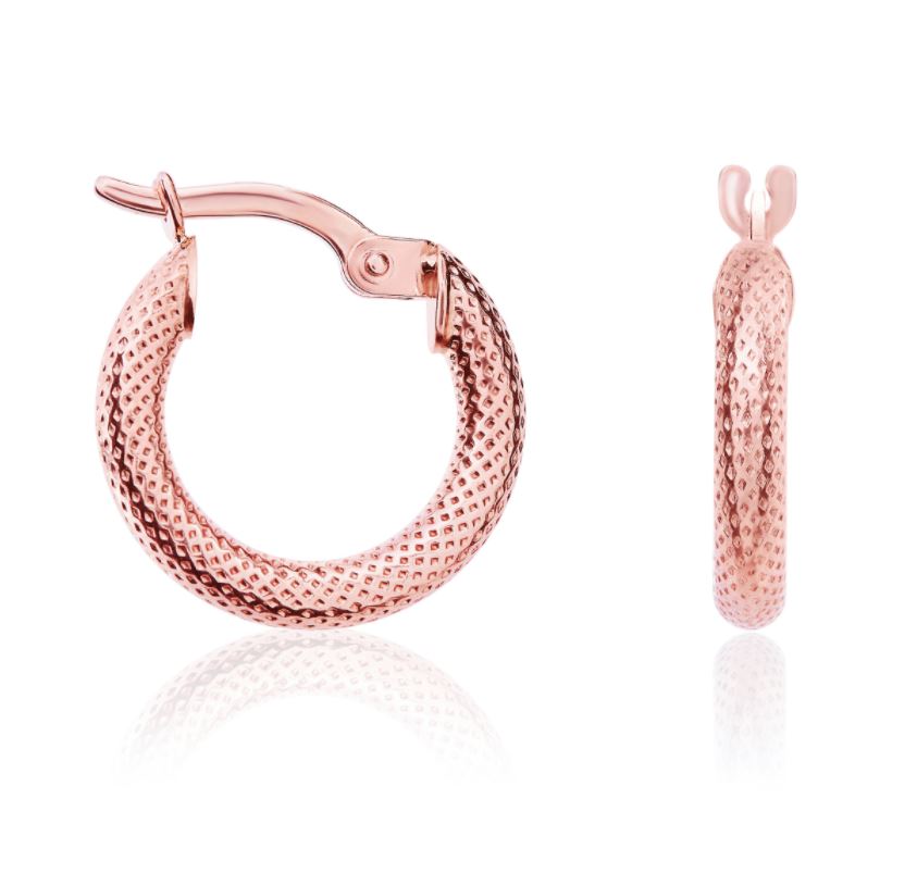9ct Rose Gold Textured Round Hoop Earrings – 15.5x2.5mm