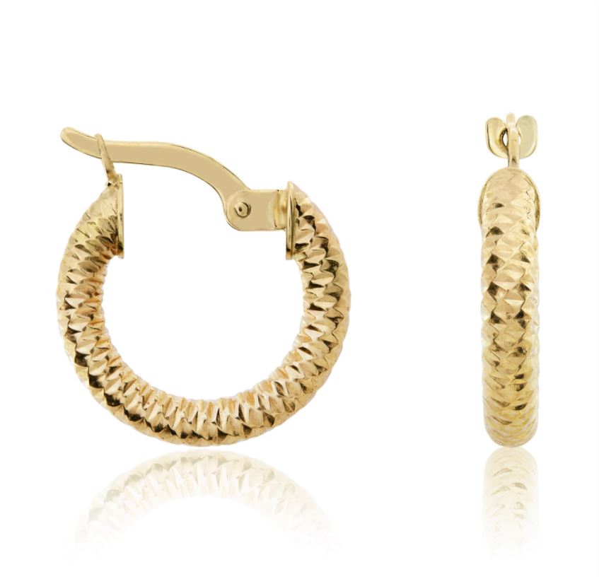 9ct Yellow Gold Diamond Cut Small Hoop Earrings – 15x2.5mm