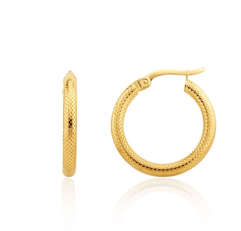 9ct Yellow Gold Textured Round Hoop Earrings — 20x2.5mm