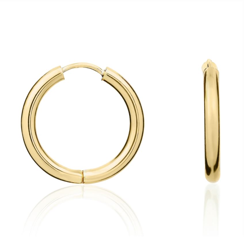 9ct Yellow Gold Polished Round Hinged Hoop Earrings – 20x2.5mm