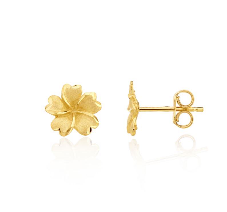 9ct Yellow Gold Satin and Polished Five Petal Flower Stud Earrings — 9mm