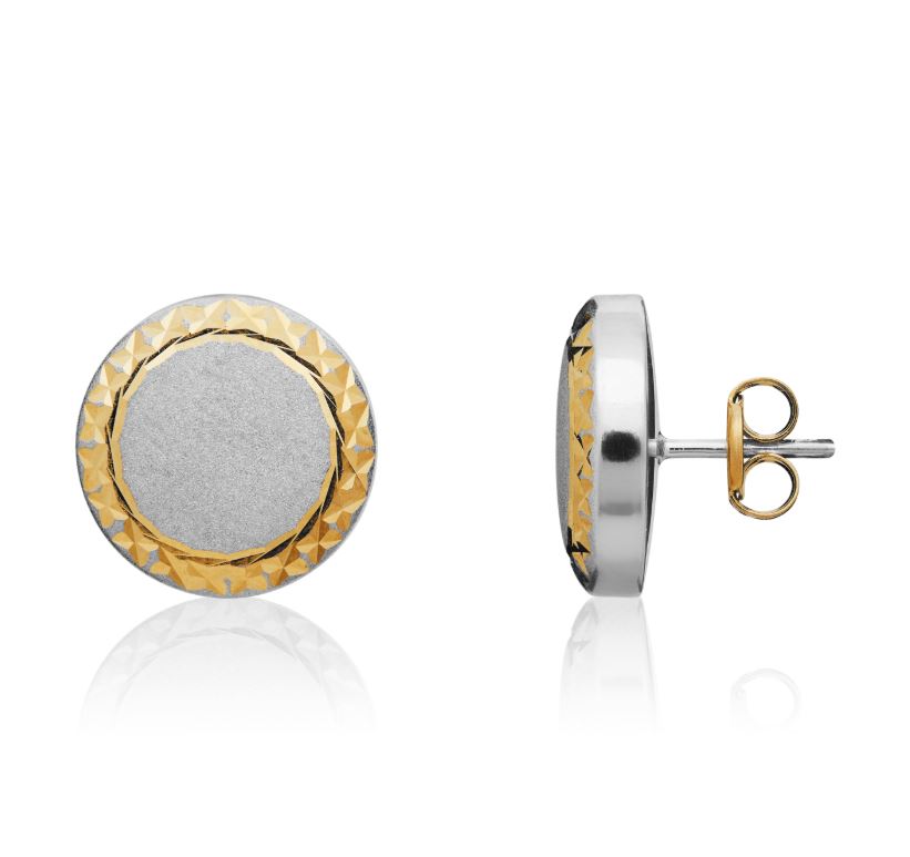 9ct Two Tone White and Yellow Gold Satin and Diamond Cut Stud Earrings — 12mm