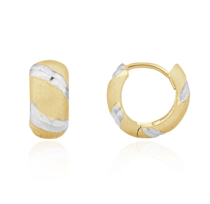 9CT Two Tone White & Yellow Gold Stripe Huggy Hoop Earrings - 12x5.5mm