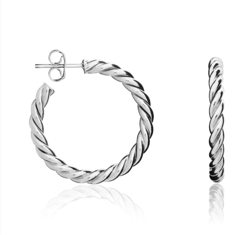 9ct White Gold Rope Twist Hoop Earrings with Peg and Scroll Fittings – 26x3mm