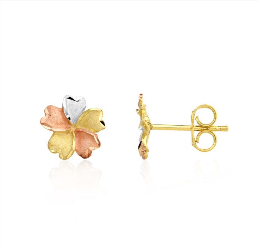 9ct Three Tone Yellow, White & Rose Gold Satin Flower with Polished Edge Stud Earrings — 9.4mm