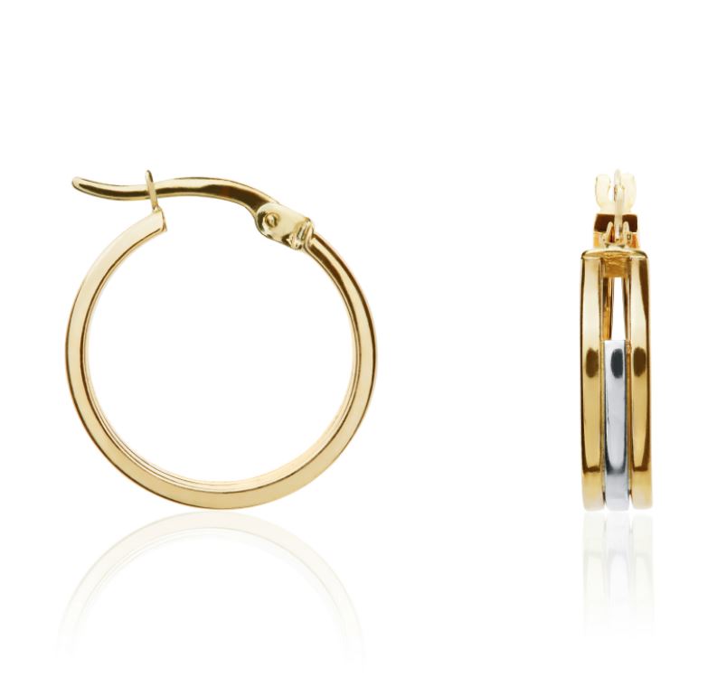 9ct Two Tone White & Yellow Gold Three Row Hoop Earrings – 17.5x4mm