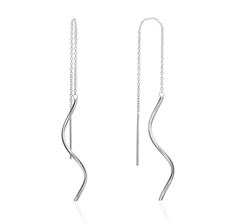9ct White Gold Ribbon Style Pull-Through Drop Earrings – 65mm