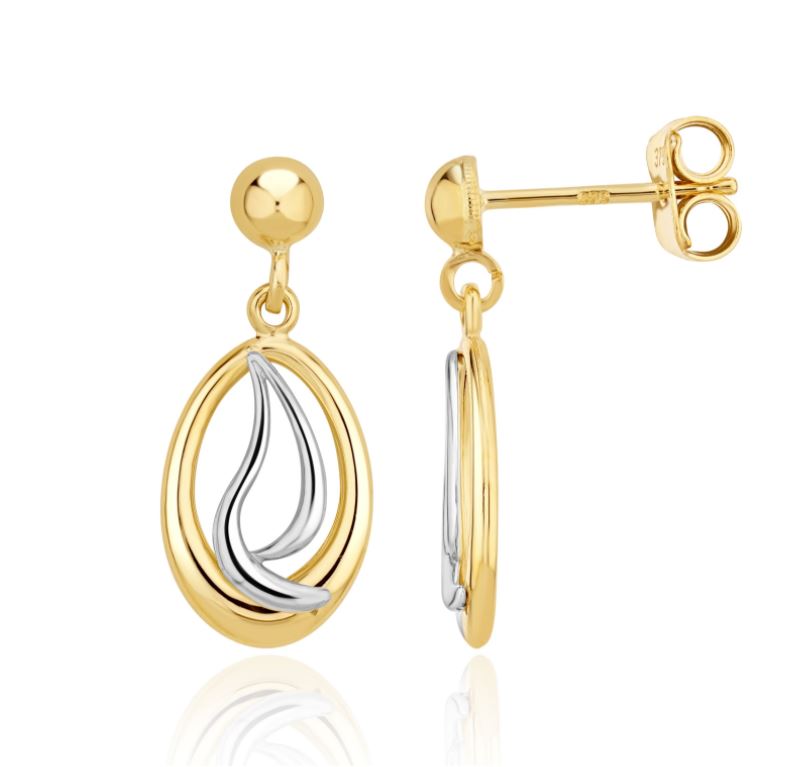 9ct Yellow And White Gold Open Oval and Squiggle Drop Earrings — 22x9mm
