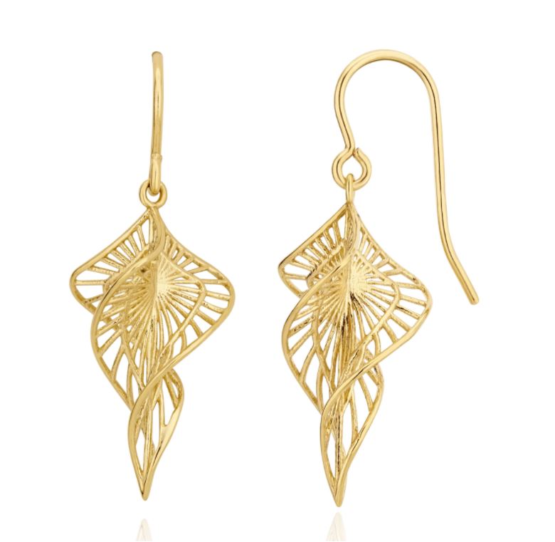 9ct Yellow Gold Filigree Spiral Drop Earrings – 33mm