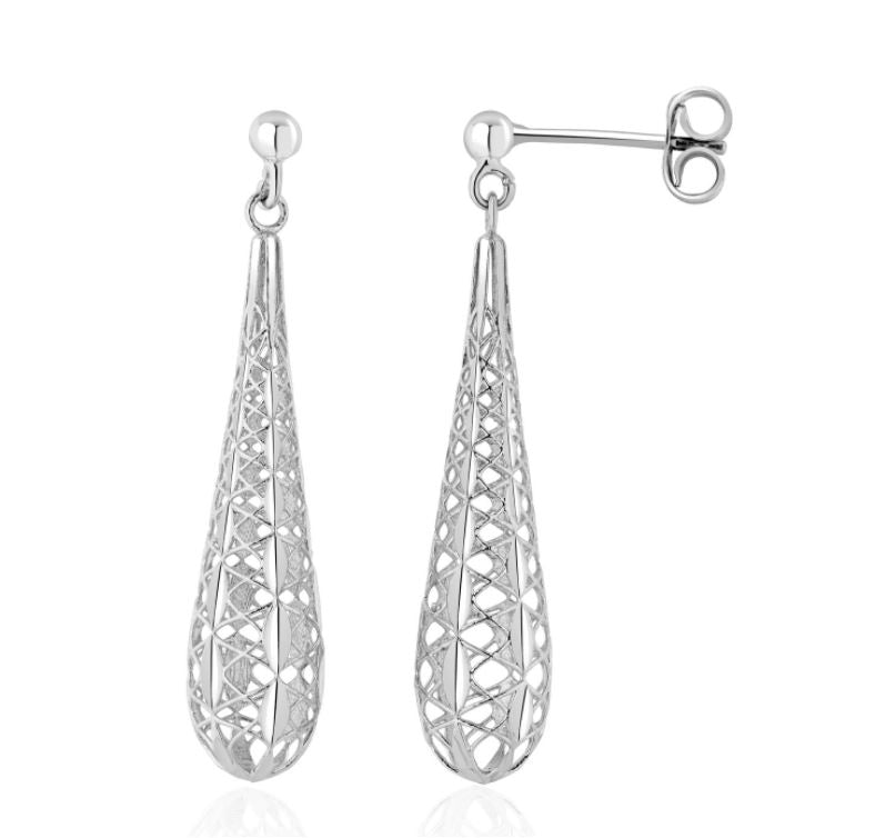 9ct White Gold Openwork Torpedo Drop Earrings – 37mm