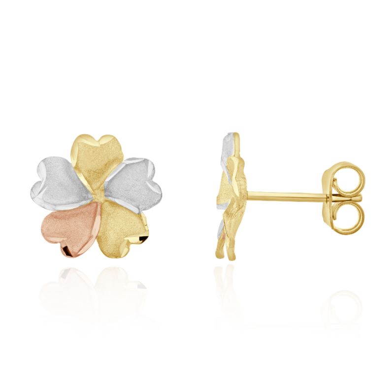 9ct Three Tone Yellow, White and Rose Gold Satin and Polished Flower Stud Earrings - 12mm