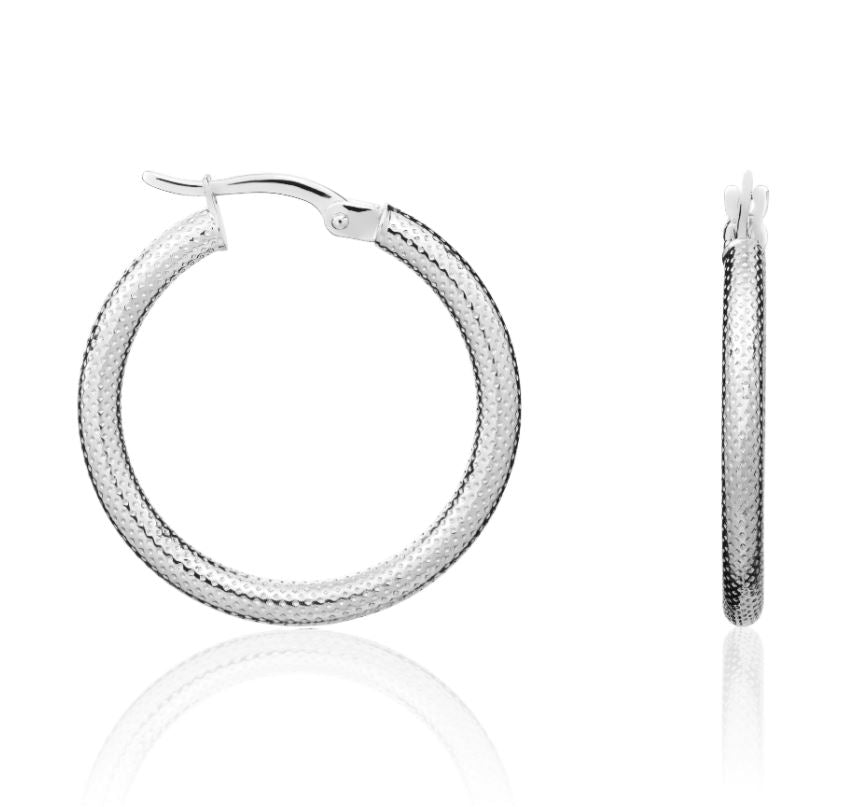 9ct White Gold Stippled Round Hoop Earrings – 25x2.5mm