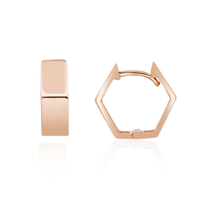 9ct Rose Gold Hexagon Huggie Hoop Earrings - 13.5x4.5mm