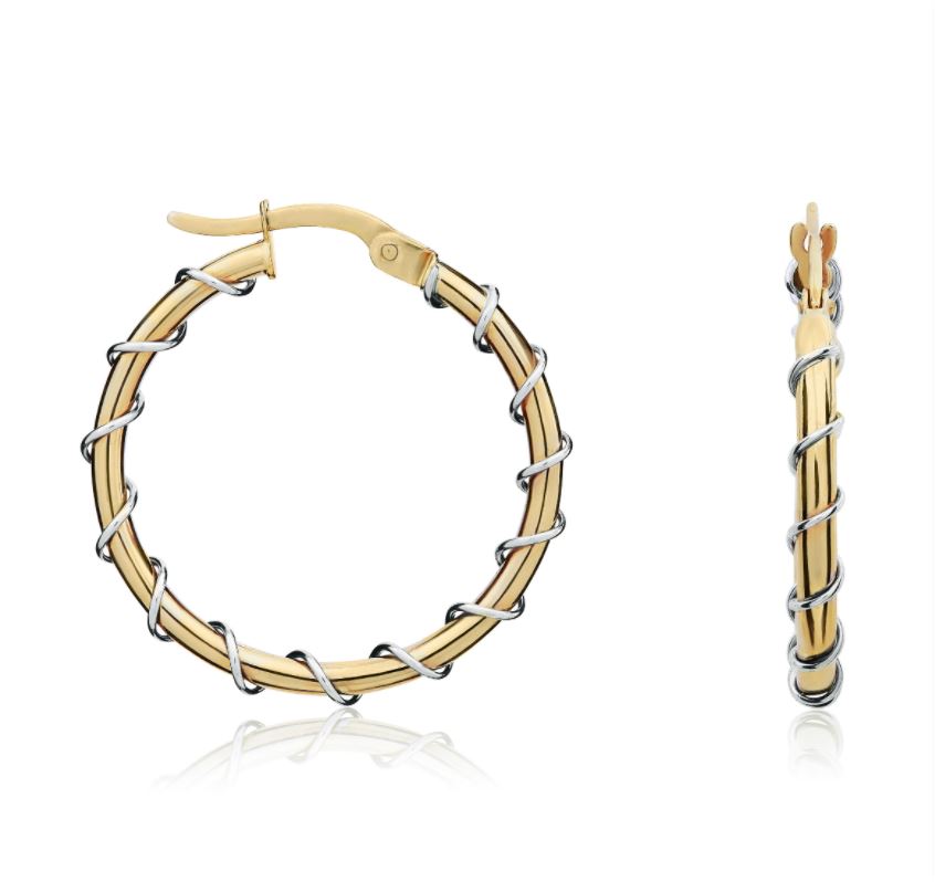 9ct Two Tone White And Yellow Gold Wire Twist Hoop Earrings – 25x3mm