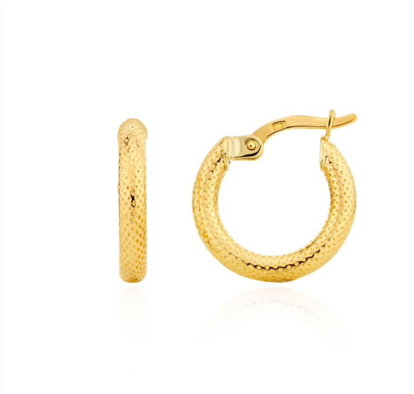 9ct Yellow Gold Textured Round Hoop Earrings – 15x2.5mm