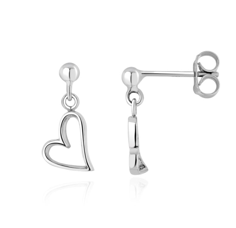 9ct White Gold Open Heart Drop Earrings with Ball Stud Tops — 16x8mm