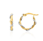9ct Two Tone White and Yellow Gold Wire Twist Hoop Earrings — 15x3mm