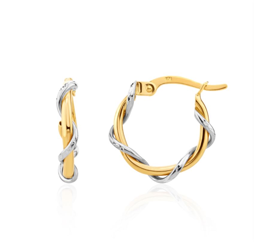 9ct Two Tone White and Yellow Gold Wire Twist Hoop Earrings — 15x3mm