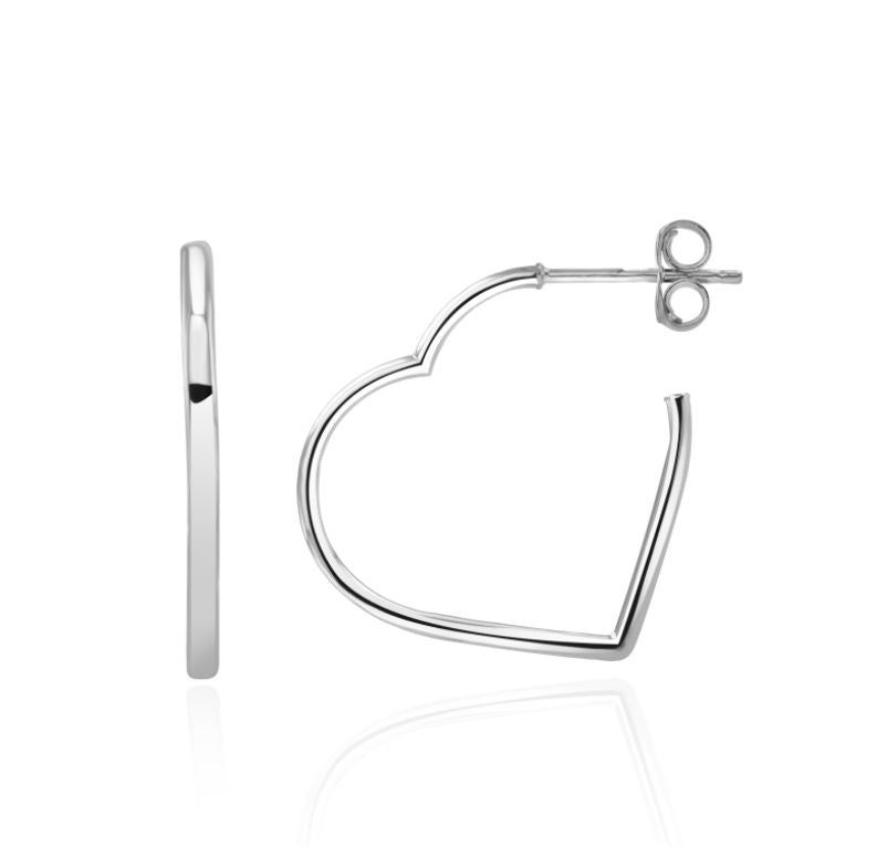 9ct White Gold Round Tube Heart Hoop Earrings - 14mm