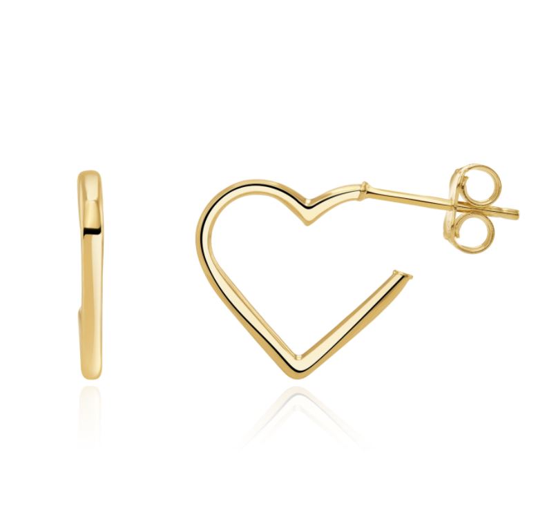 9ct Yellow Gold Round Tube Heart Hoop Earrings - 14mm