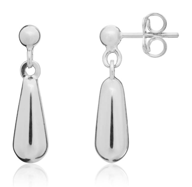 9ct White Gold Short Polished Bombe Drop Earrings with Ball Stud Tops — 20mm