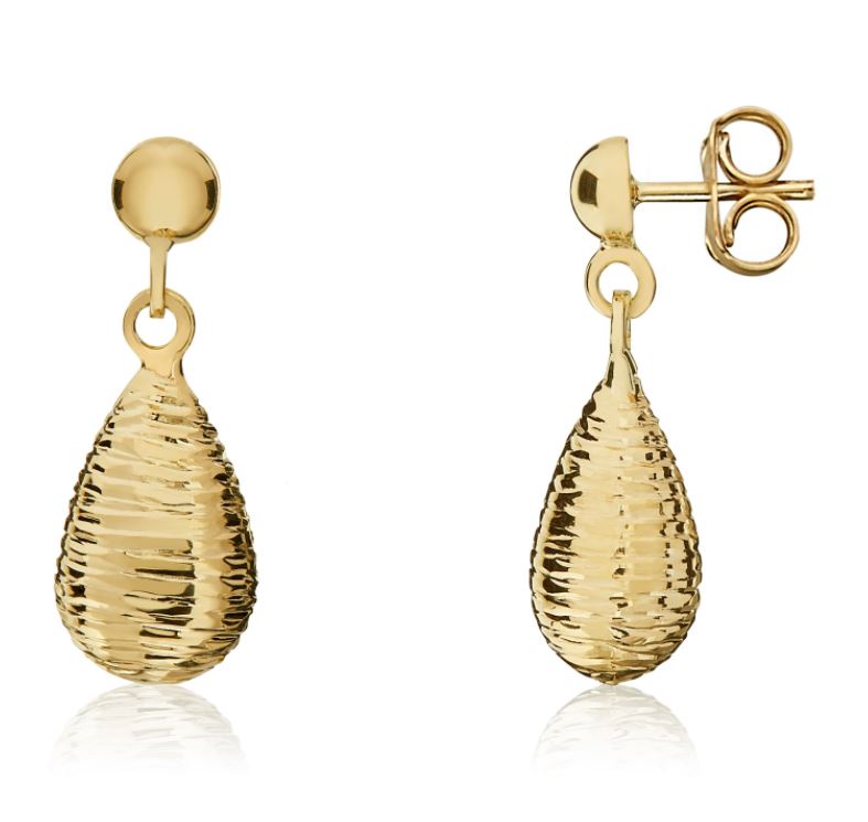 9ct Yellow Gold Ribbed Torpedo Drop Earrings – 20x4mm