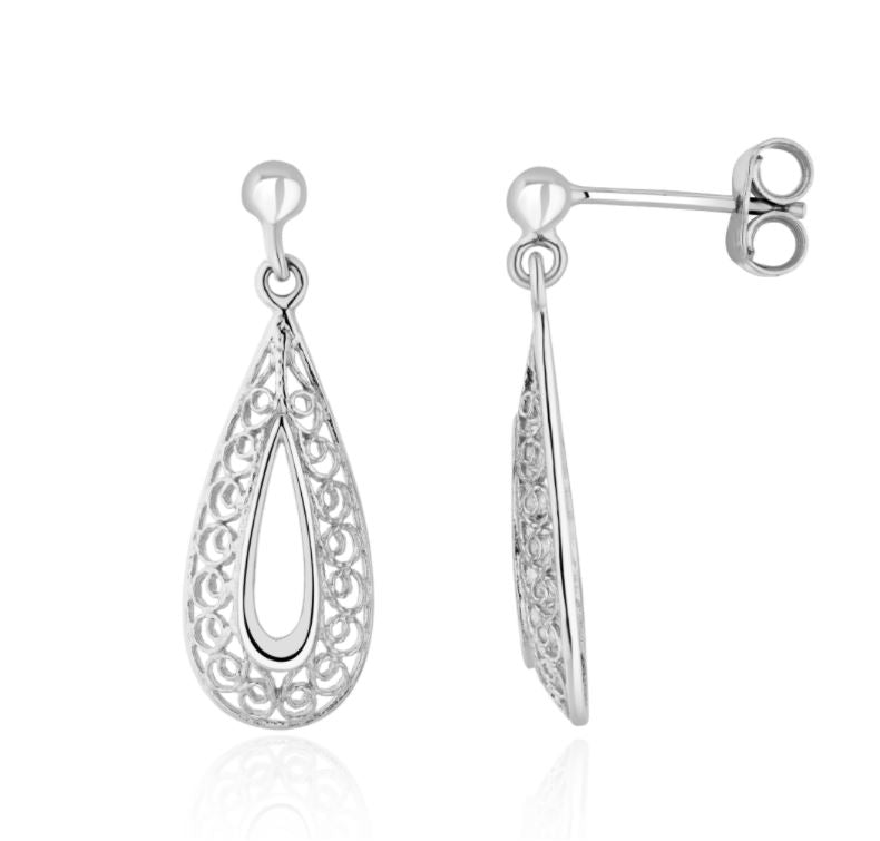 9ct White Gold Pear Shaped Filigree Drop Earrings – 25x9mm