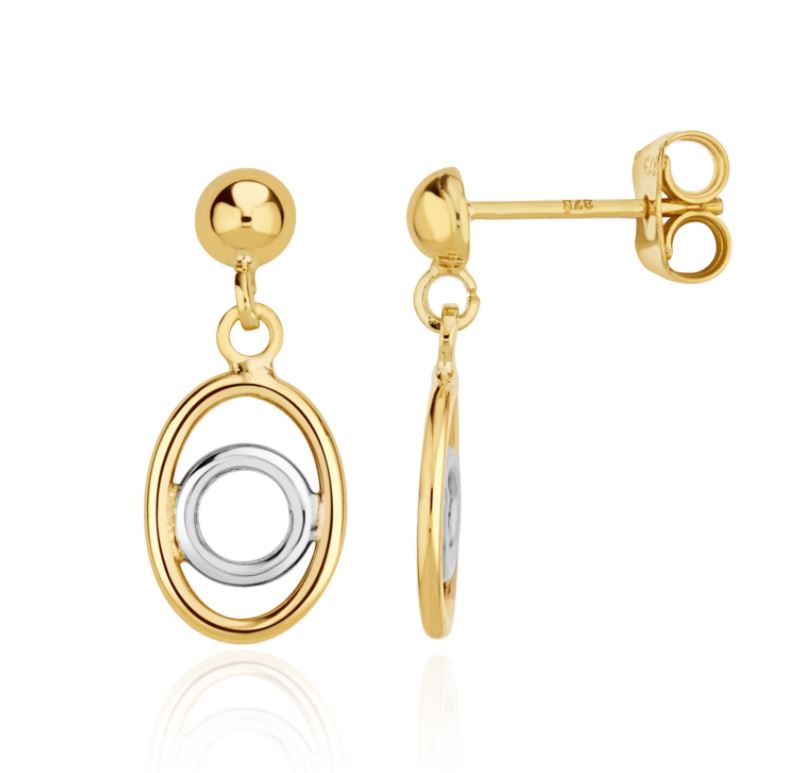 9ct Two Tone White and Yellow Gold Oval & Round Drop Earrings - 20x8mm