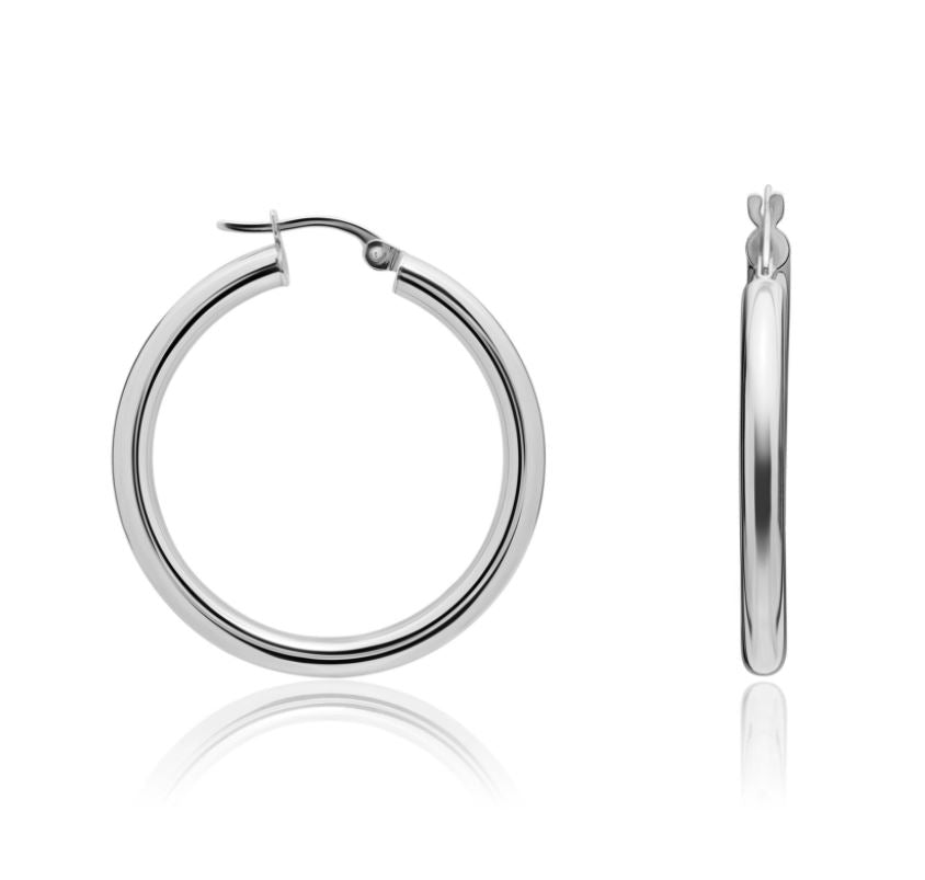 9ct White Gold Polished Tube Hoop Earrings – 31x3mm
